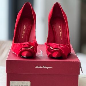 Salvatore Ferragamo Red Velvet Pumps.
